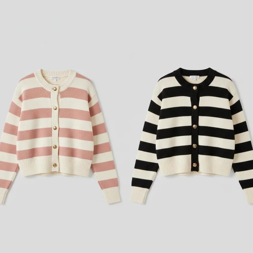 Striped Knit Cardigan — A horizontally striped knit cardigan with gold star-embossed buttons and a deep V-neck. Black or