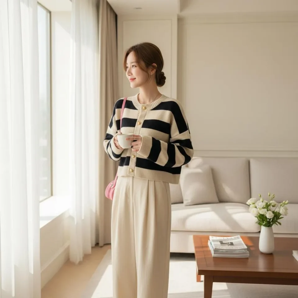 Striped Knit Cardigan — A horizontally striped knit cardigan with gold star-embossed buttons and a deep V-neck. Black or