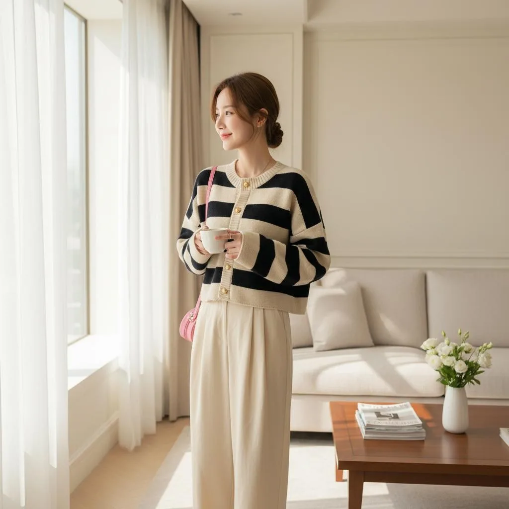 Striped Knit Cardigan — A horizontally striped knit cardigan with gold star-embossed buttons and a deep V-neck. Black or