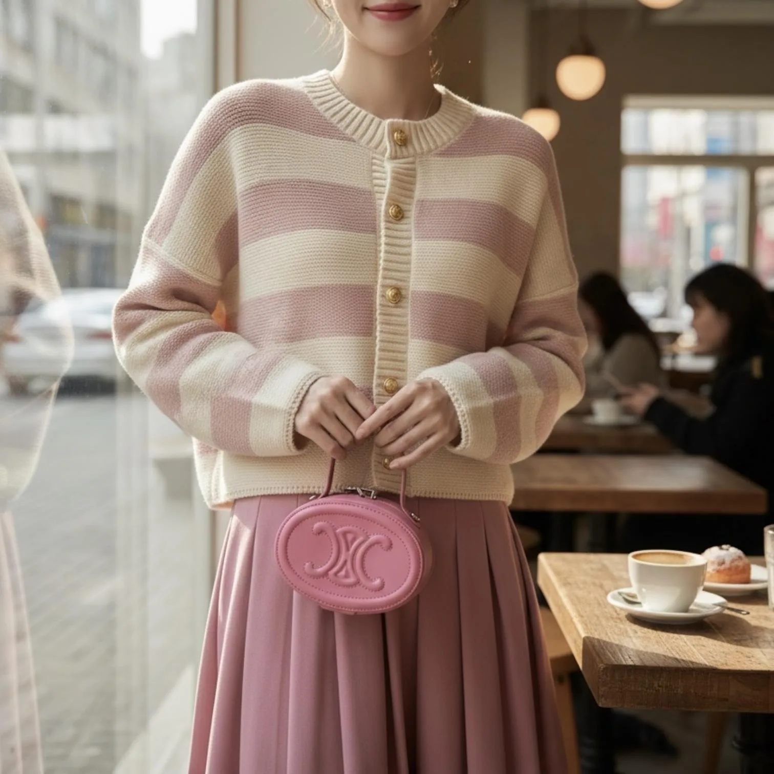 Striped Knit Cardigan — A horizontally striped knit cardigan with gold star-embossed buttons and a deep V-neck. Black or