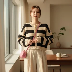 Striped Knit Cardigan — A horizontally striped knit cardigan with gold star-embossed buttons and a deep V-neck. Black or