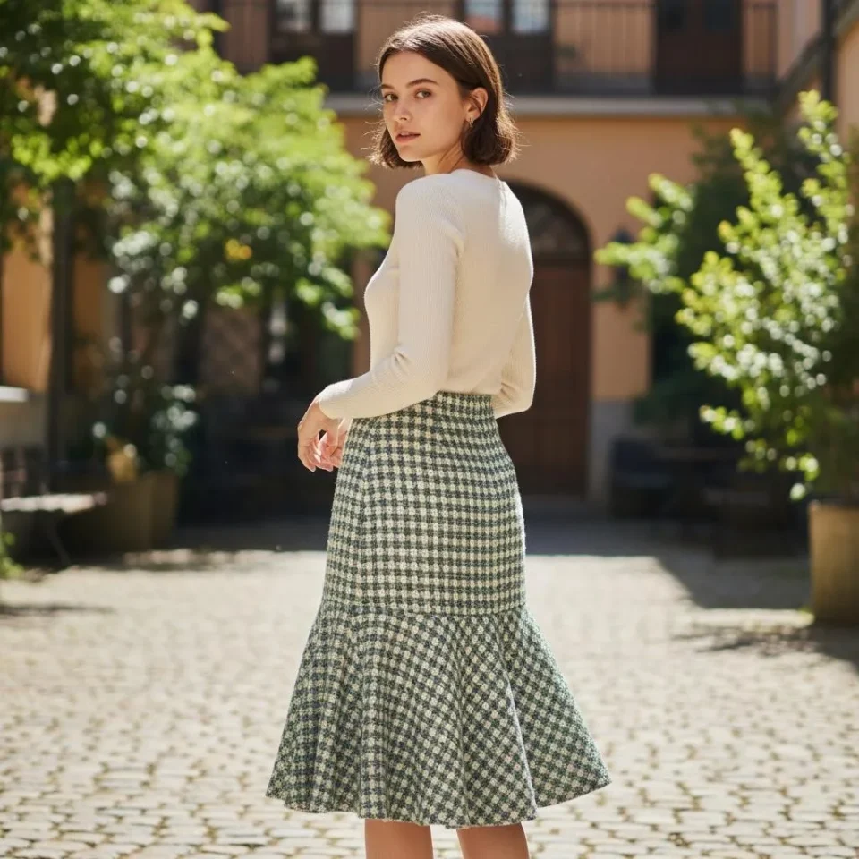 Heritage Check A-Line Midi Skirt — A forest green and ivory micro-check A-line with a flounced hem, fully lined, hidden