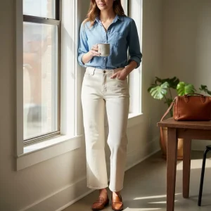 High-Rise Straight-Leg Jeans — High-rise straight-leg jeans with an elastic back waist. Rise 11 inches, inseam 24 inches