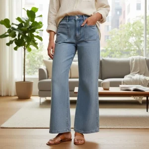 Light Wash Wide-Leg Flare Jeans — Faded light blue wide-leg jeans with a high rise and a flare from the knee. Rise 13 in