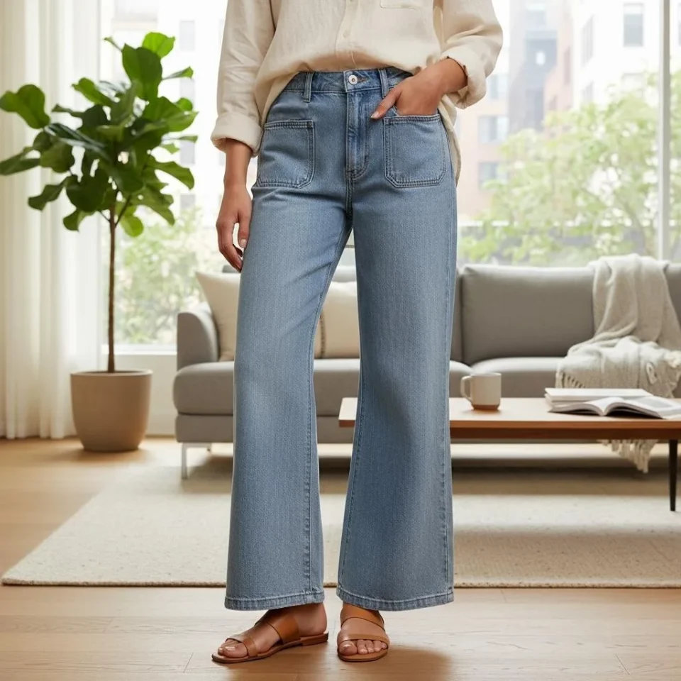 Light Wash Wide-Leg Flare Jeans — Faded light blue wide-leg jeans with a high rise and a flare from the knee. Rise 13 in