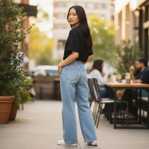 Light Wash Wide-Leg Flare Jeans — Faded light blue wide-leg jeans with a high rise and a flare from the knee. Rise 13 in