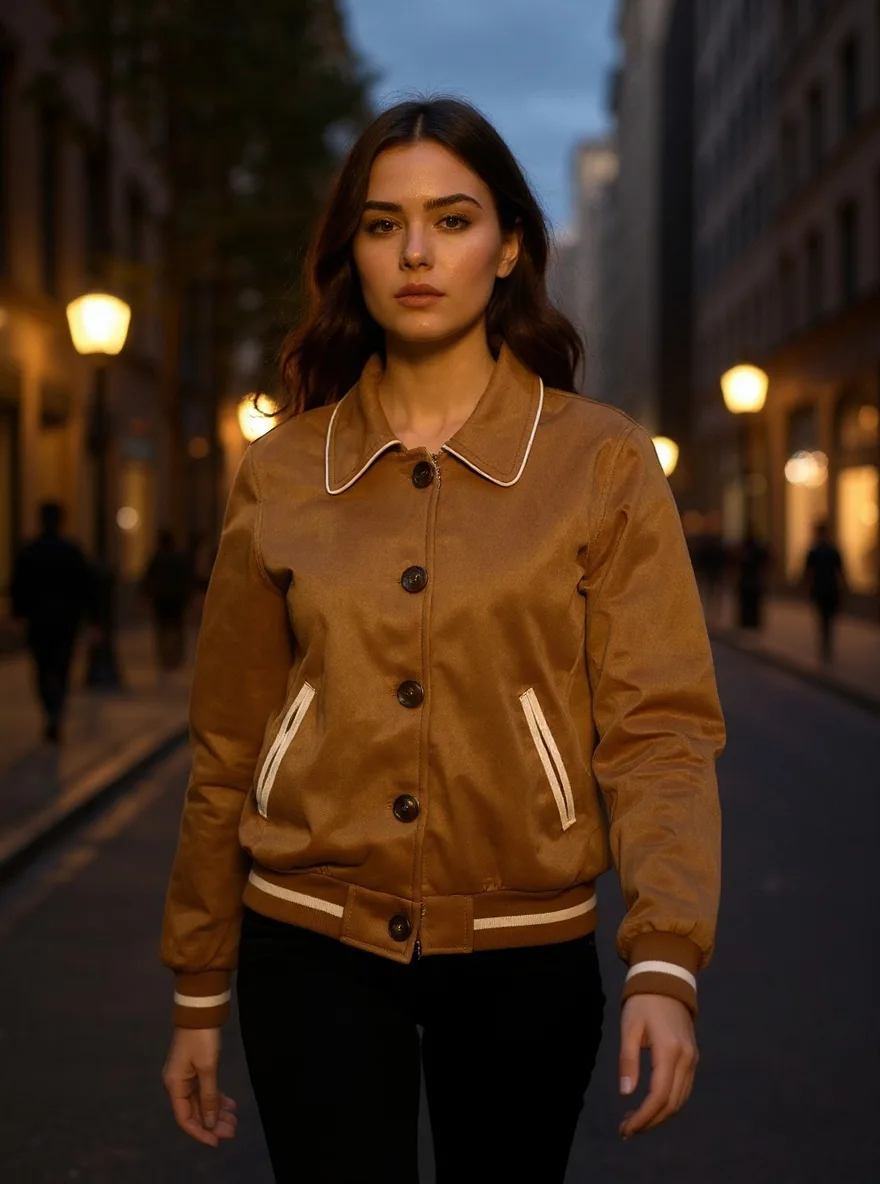 Varsity Bomber Jacket — A cropped microsuede bomber in camel or black, with white piping on the collar and pockets and s