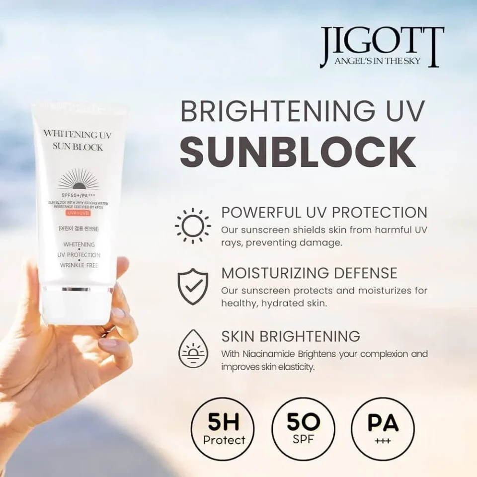 Jigott Whitening UV Sun Block Cream 70ml — A 70ml SPF sun block with a brightening formula, for daily wear in the city o