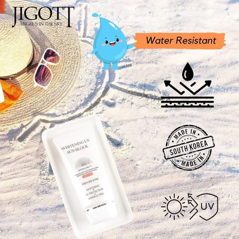 Jigott Whitening UV Sun Block Cream 70ml — A 70ml SPF sun block with a brightening formula, for daily wear in the city o