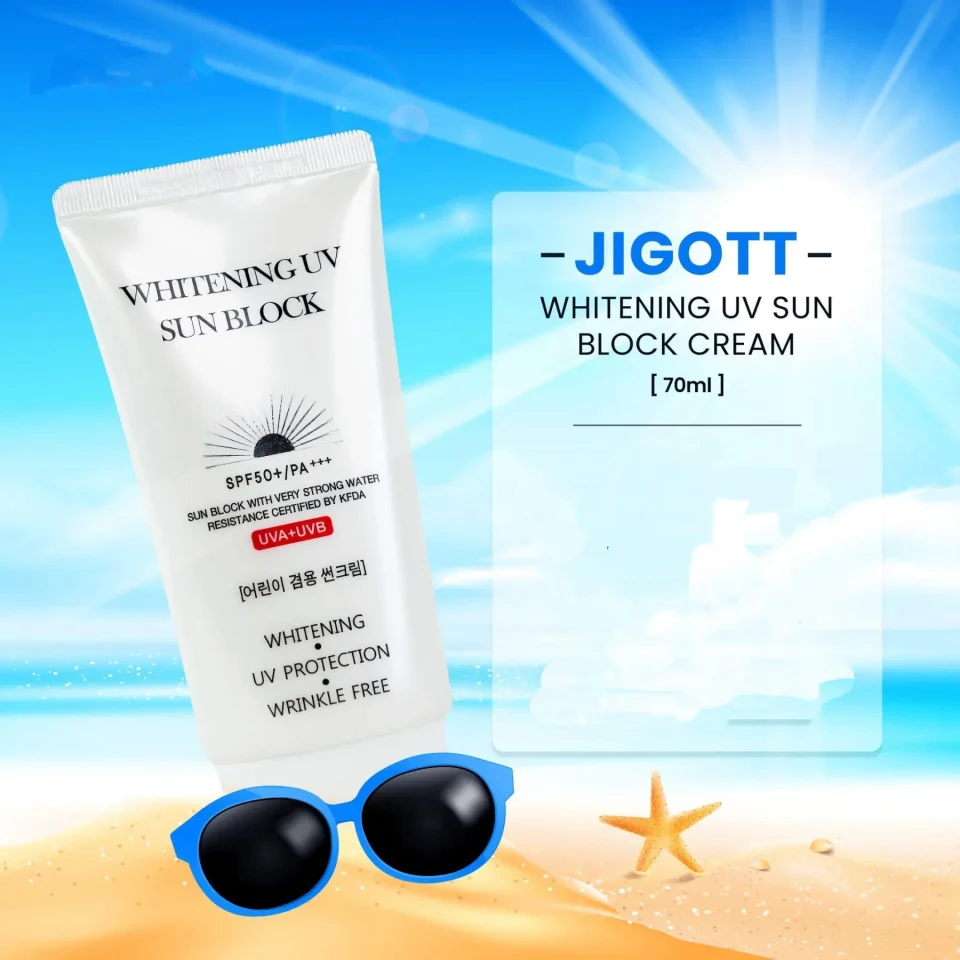 Jigott Whitening UV Sun Block Cream 70ml — A 70ml SPF sun block with a brightening formula, for daily wear in the city o