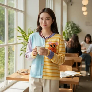 Colour-Block Patchwork Cardigan — A knit cardigan in mismatched blocks — stripes on one side, pastels and a cartoon patc