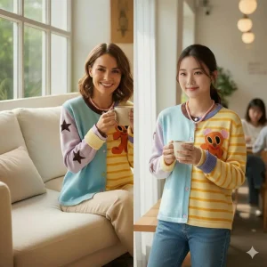 Colour-Block Patchwork Cardigan — A knit cardigan in mismatched blocks — stripes on one side, pastels and a cartoon patc