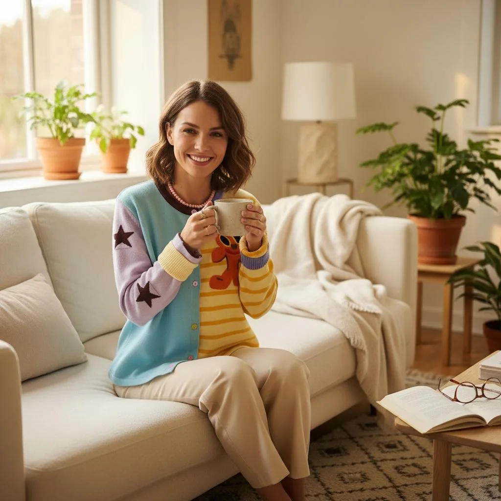 Colour-Block Patchwork Cardigan Colour-Block Patchwork Cardigan — A knit cardigan in mismatched blocks — stripes on one side, pastels and a cartoon patc