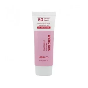KISSERA Pink Tone Up Collagen Sun Cream SPF50+ PA+++ 70ml — A pink-toned SPF50+ PA+++ sun cream with three forms of coll