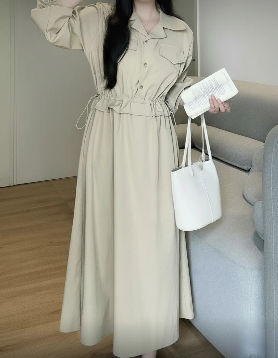Long-Sleeved Maxi Shirtdress — A full-length shirtdress in a light woven cotton blend, with a drawstring waist, chest po