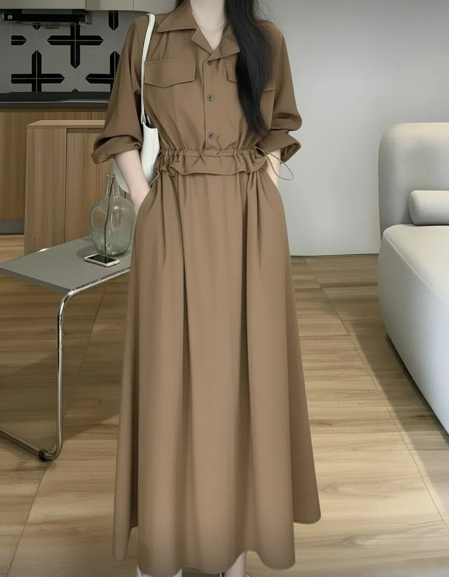 Long-Sleeved Maxi Shirtdress Long-Sleeved Maxi Shirtdress — A full-length shirtdress in a light woven cotton blend, with a drawstring waist, chest po