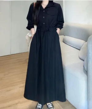 Long-Sleeved Maxi Shirtdress — A full-length shirtdress in a light woven cotton blend, with a drawstring waist, chest po