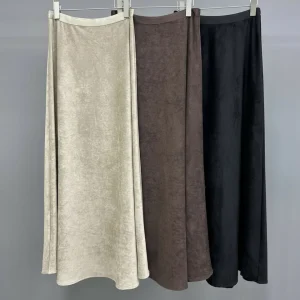 Faux Suede A-Line Maxi Skirt — A brushed faux-suede maxi with an elastic waist. Waist 26–32 inches, length 37 inches. Br