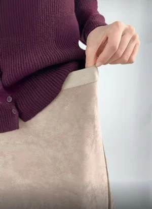 Faux Suede A-Line Maxi Skirt — A brushed faux-suede maxi with an elastic waist. Waist 26–32 inches, length 37 inches. Br