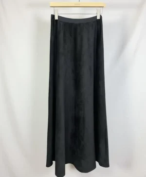 Faux Suede A-Line Maxi Skirt — A brushed faux-suede maxi with an elastic waist. Waist 26–32 inches, length 37 inches. Br