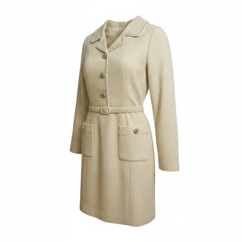 Mid-Century Tweed Coat Dress — A cream tweed coat dress with braided trim, ornate buttons and patch pockets. Cut to a US
