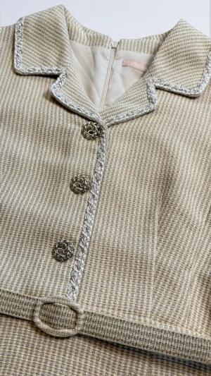Mid-Century Tweed Coat Dress — A cream tweed coat dress with braided trim, ornate buttons and patch pockets. Cut to a US