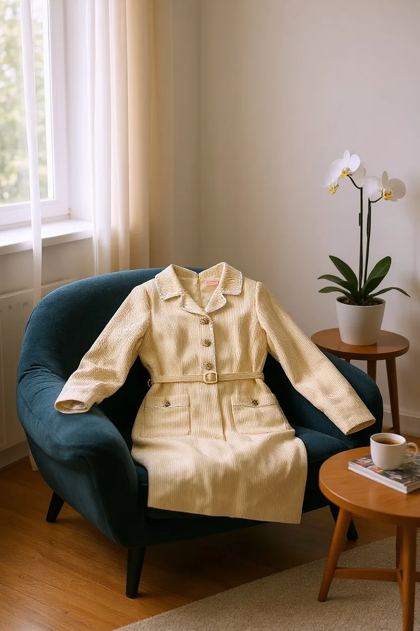 Mid-Century Tweed Coat Dress Mid-Century Tweed Coat Dress — A cream tweed coat dress with braided trim, ornate buttons and patch pockets. Cut to a US