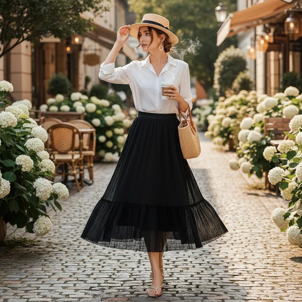 Midnight Cascades Pleated Midi Skirt Midnight Cascades Pleated Midi Skirt — A black A-line midi with finely pleated tiers and a semi-sheer hem. Fully lined,
