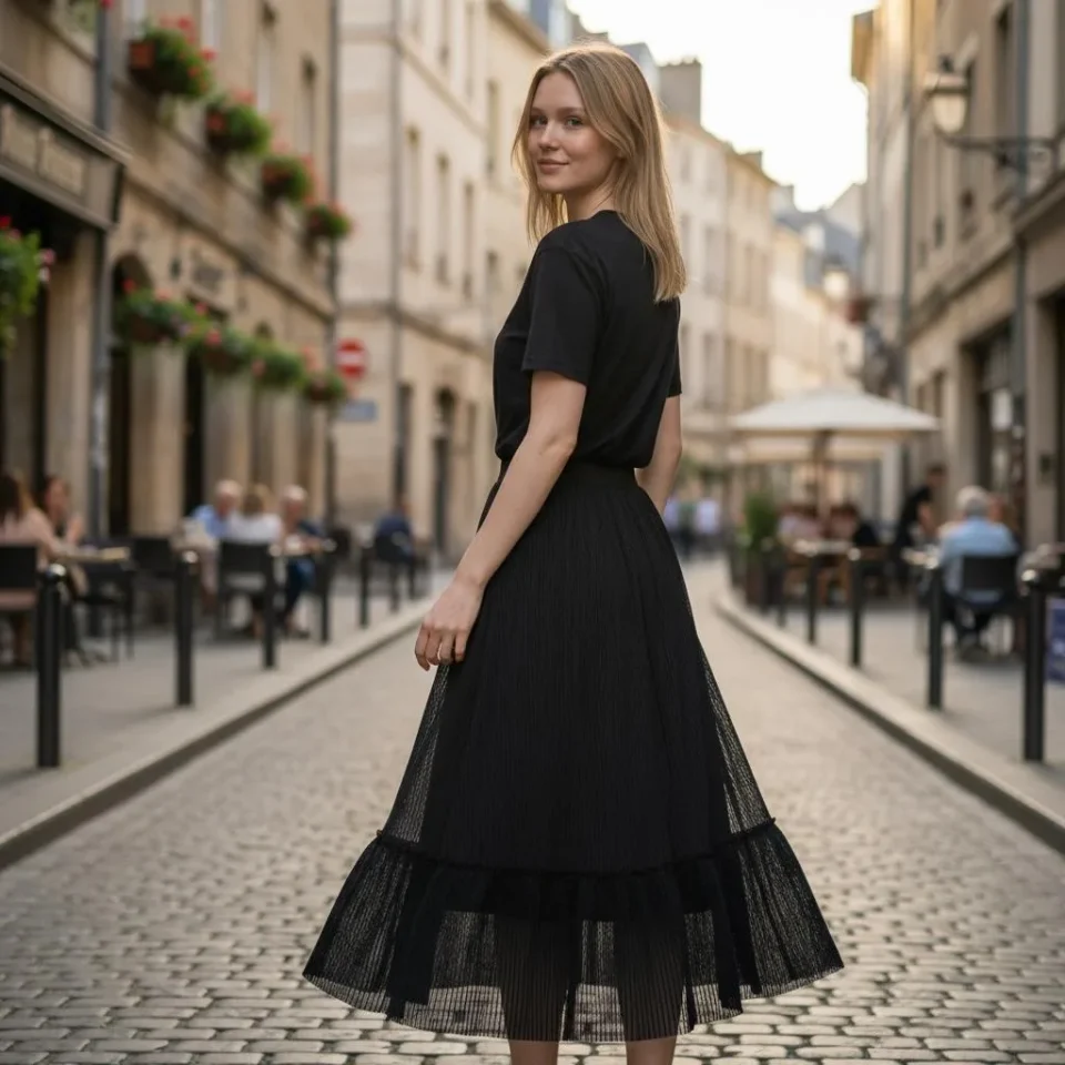 Midnight Cascades Pleated Midi Skirt — A black A-line midi with finely pleated tiers and a semi-sheer hem. Fully lined,