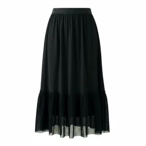 Midnight Cascades Pleated Midi Skirt — A black A-line midi with finely pleated tiers and a semi-sheer hem. Fully lined, 