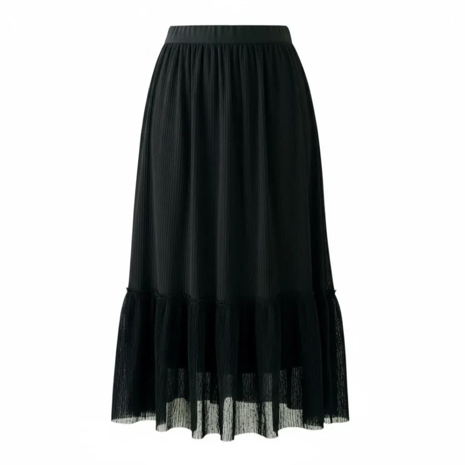 Midnight Cascades Pleated Midi Skirt — A black A-line midi with finely pleated tiers and a semi-sheer hem. Fully lined,