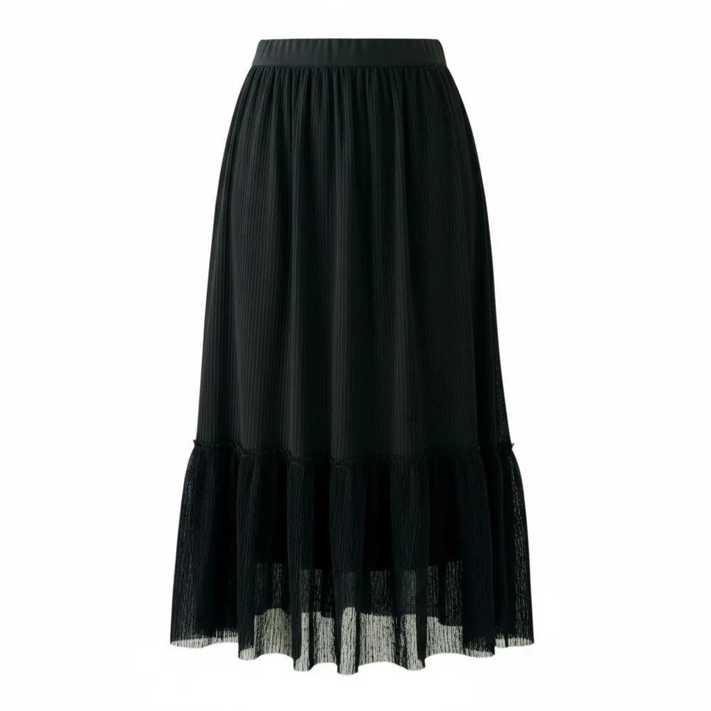 Midnight Cascades Pleated Midi Skirt Midnight Cascades Pleated Midi Skirt — A black A-line midi with finely pleated tiers and a semi-sheer hem. Fully lined,