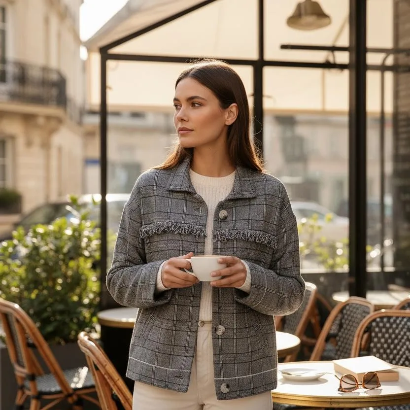 Glen Plaid Fringed Shacket — A charcoal and silver glen plaid shacket with a raw-edge fringe across the chest and marble