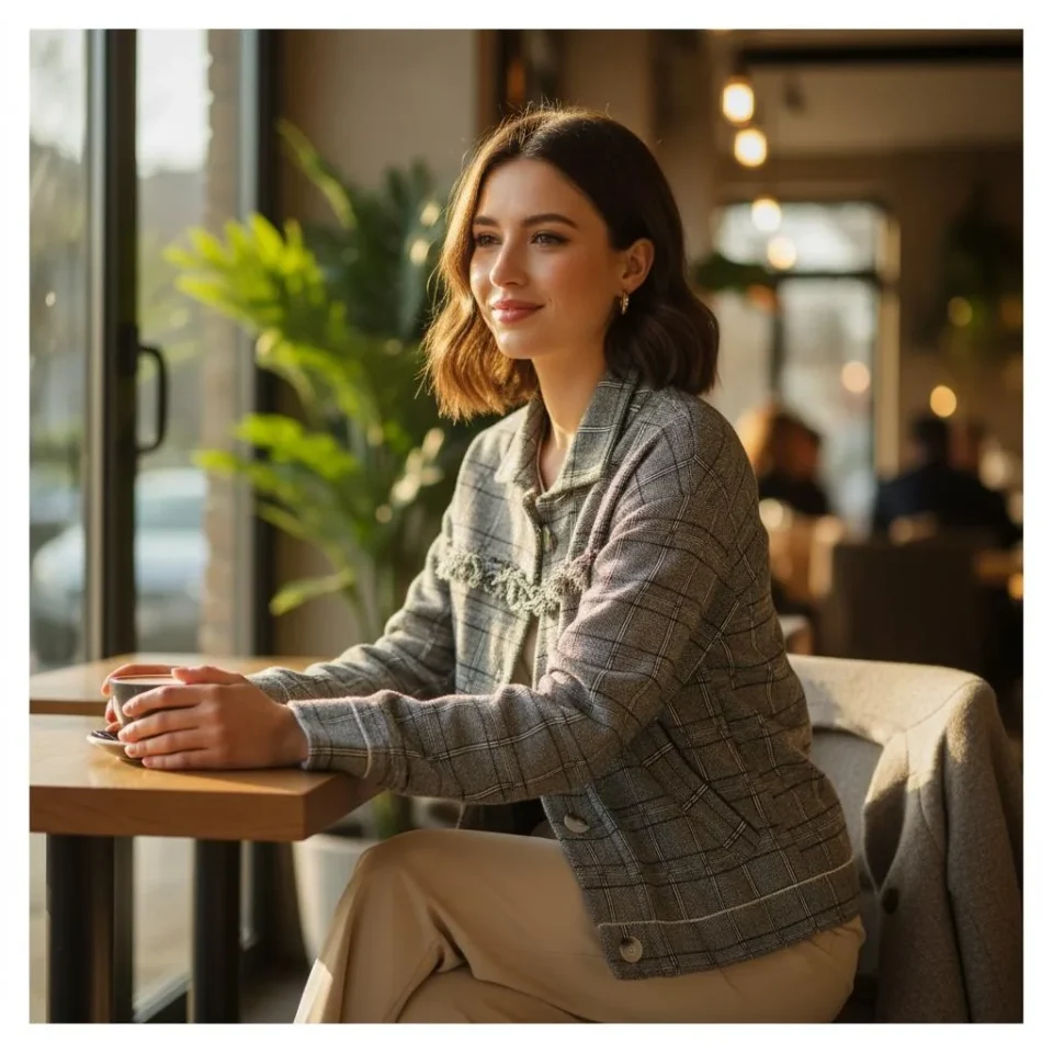 Glen Plaid Fringed Shacket — A charcoal and silver glen plaid shacket with a raw-edge fringe across the chest and marble
