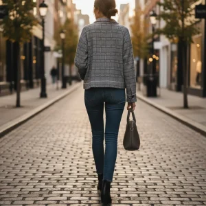 Glen Plaid Fringed Shacket — A charcoal and silver glen plaid shacket with a raw-edge fringe across the chest and marble