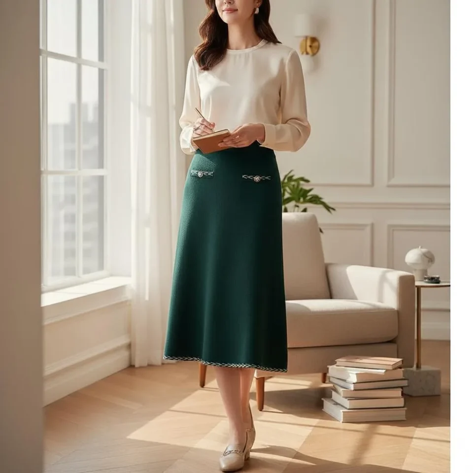 Midnight Ribbed Knit Midi Skirt — A heavy-gauge ribbed knit midi in ink black. Elastic waist to 34 inches, length 31 inc