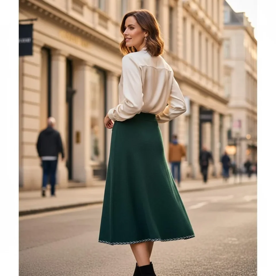 Midnight Ribbed Knit Midi Skirt — A heavy-gauge ribbed knit midi in ink black. Elastic waist to 34 inches, length 31 inc