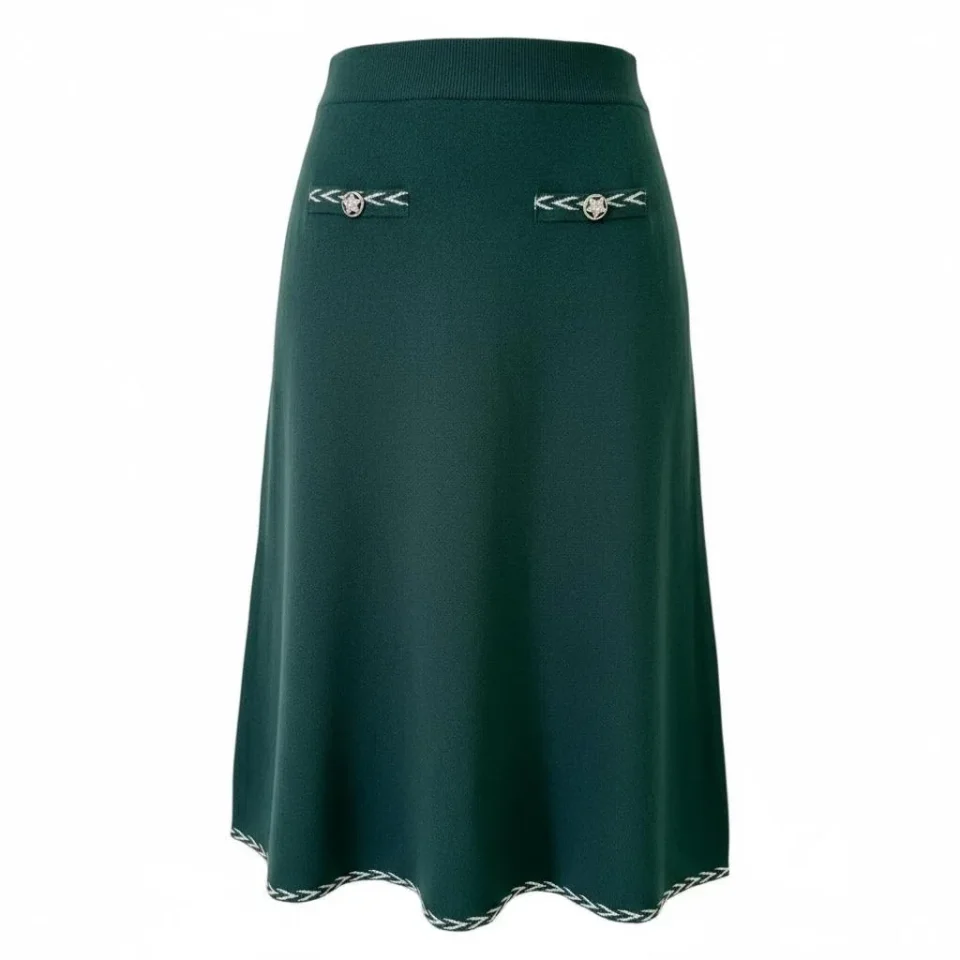 Midnight Ribbed Knit Midi Skirt — A heavy-gauge ribbed knit midi in ink black. Elastic waist to 34 inches, length 31 inc