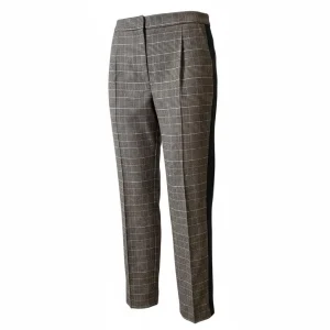 Plaid Wool-Blend Trousers — Charcoal, navy and ivory check trousers with a slim leg and a hidden elastic back waist. Ins
