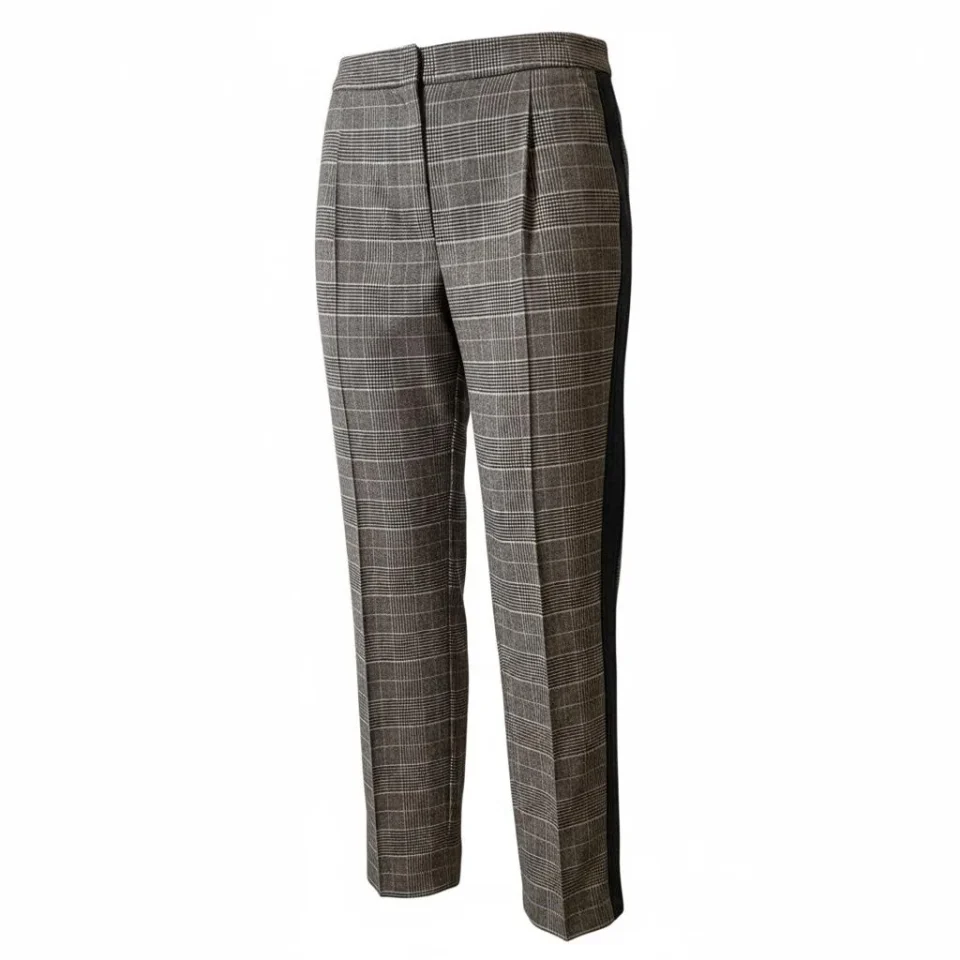Plaid Wool-Blend Trousers — Charcoal, navy and ivory check trousers with a slim leg and a hidden elastic back waist. Ins