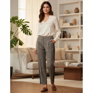 Plaid Wool-Blend Trousers — Charcoal, navy and ivory check trousers with a slim leg and a hidden elastic back waist. Ins