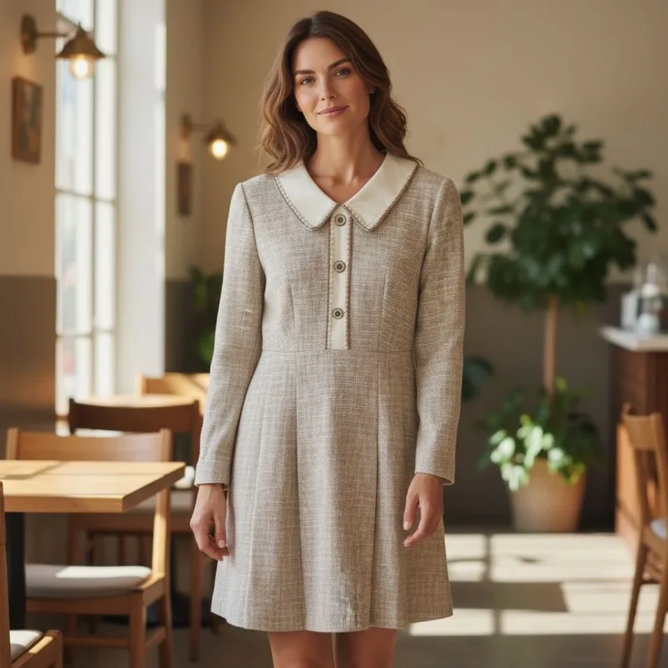 Parisian Tweed Mini Dress — A cream and beige tweed mini with a white Peter Pan collar, oversized contrast buttons and a