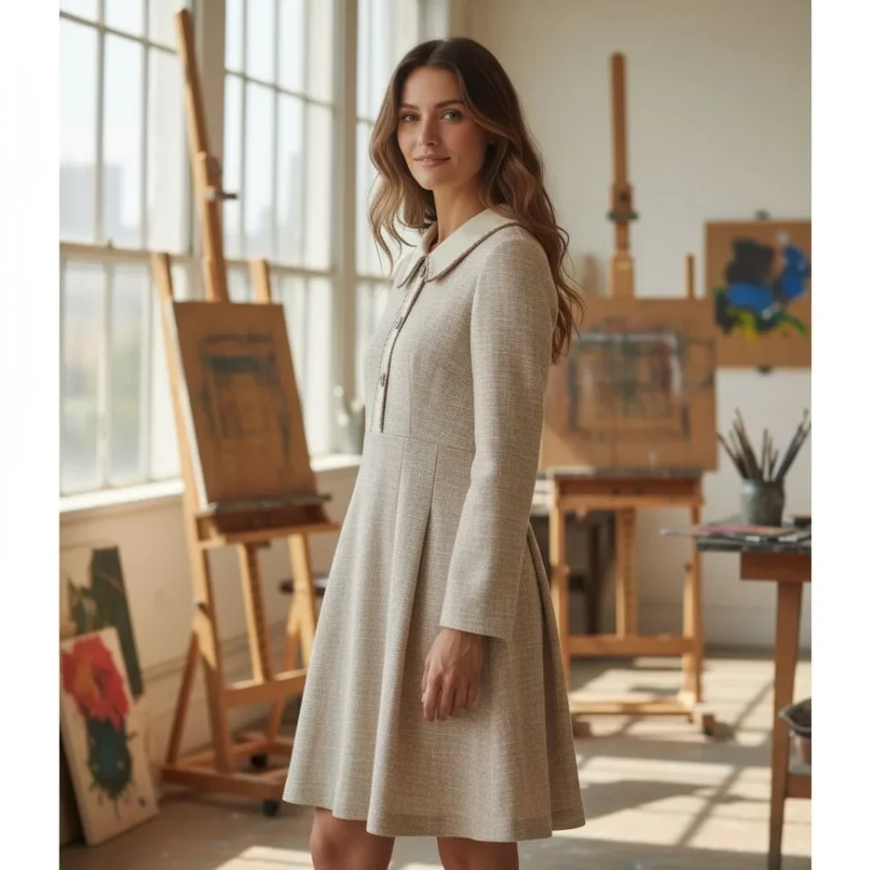 Parisian Tweed Mini Dress — A cream and beige tweed mini with a white Peter Pan collar, oversized contrast buttons and a