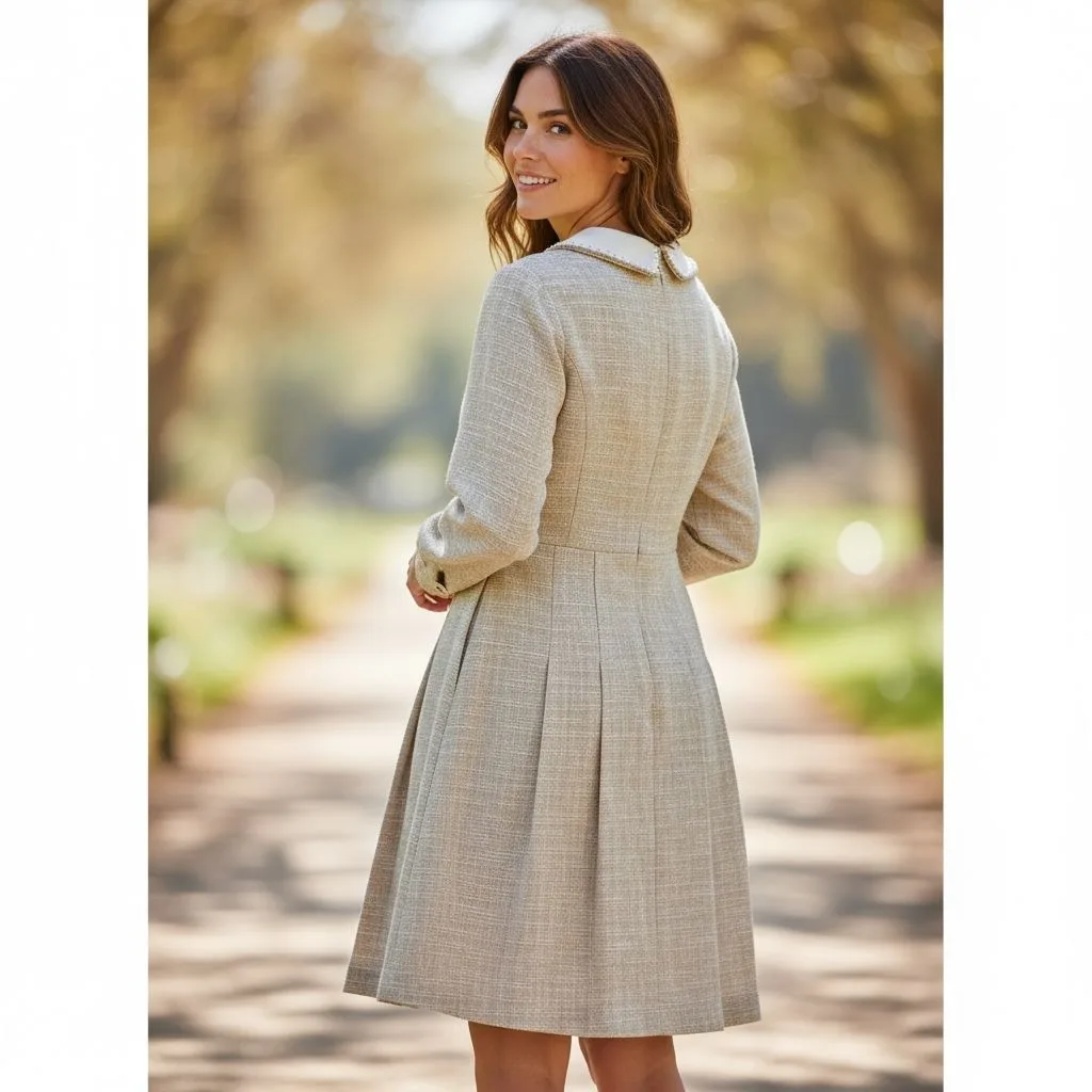 Parisian Tweed Mini Dress Parisian Tweed Mini Dress — A cream and beige tweed mini with a white Peter Pan collar, oversized contrast buttons and a