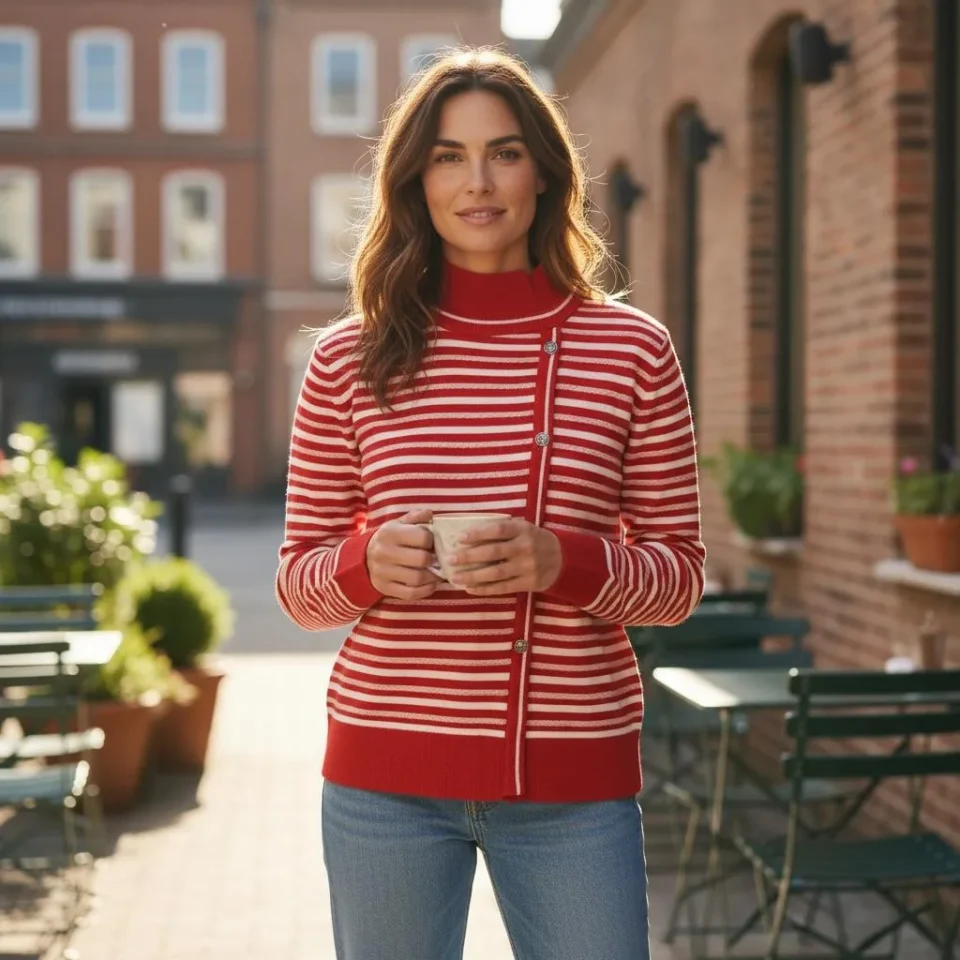 Parisian Stripe Zip Cardigan — A fine striped knit cardigan with a full zip and a stand collar, in red and cream. Two si