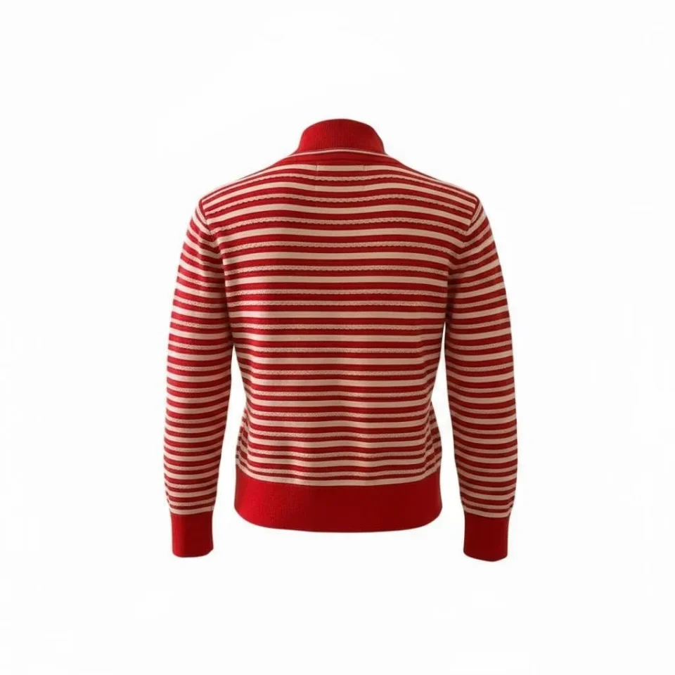 Parisian Stripe Zip Cardigan — A fine striped knit cardigan with a full zip and a stand collar, in red and cream. Two si
