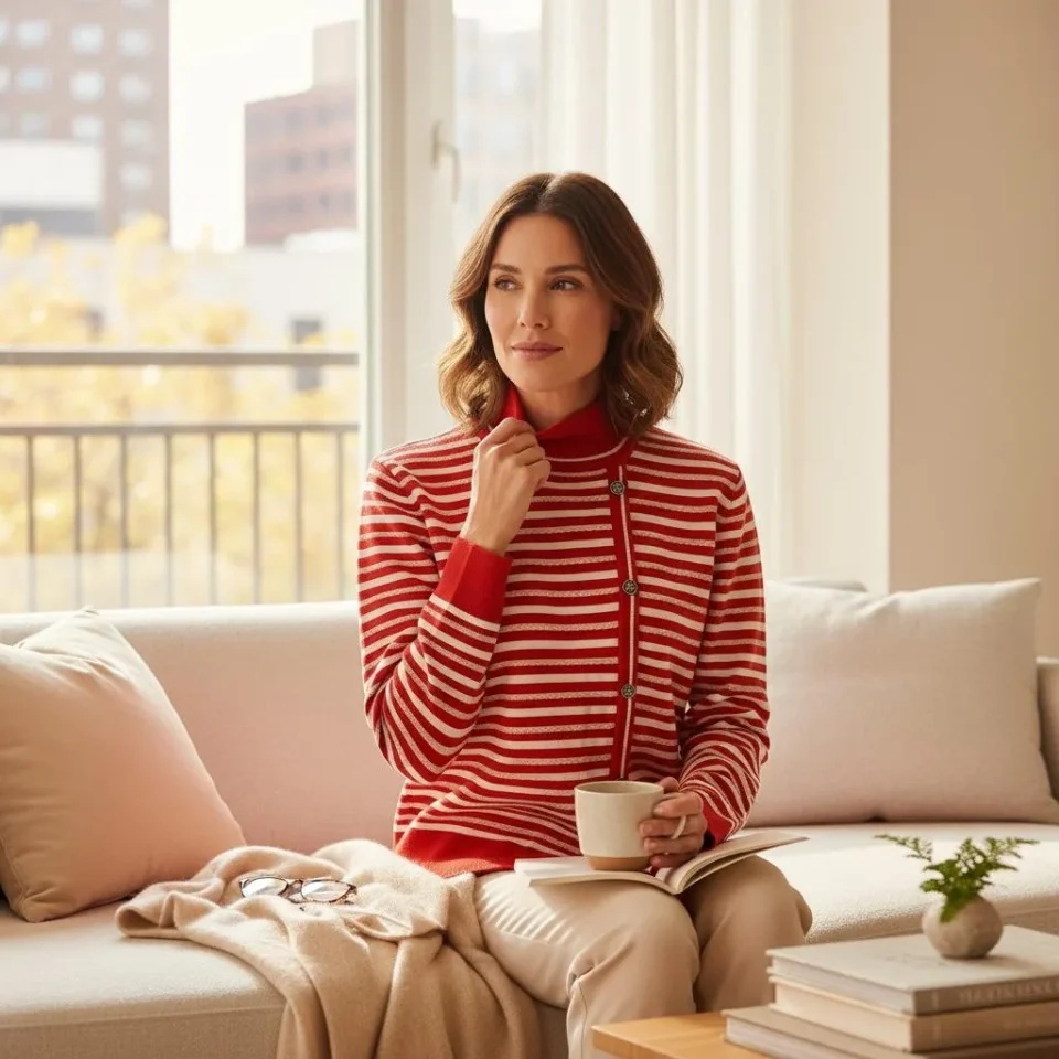 Parisian Stripe Zip Cardigan — A fine striped knit cardigan with a full zip and a stand collar, in red and cream. Two si