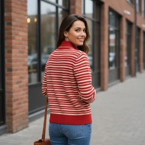 Parisian Stripe Zip Cardigan — A fine striped knit cardigan with a full zip and a stand collar, in red and cream. Two si