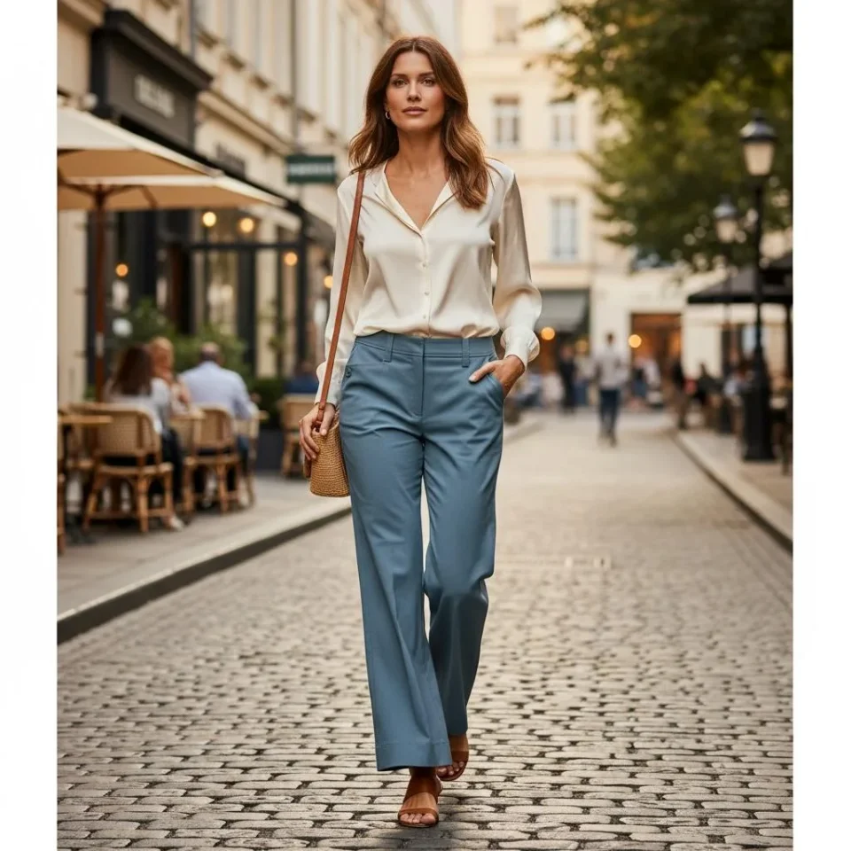 High-Rise Flared Sculpt Trousers — High-waisted trousers with a slight flare at the hem, in a soft blue-grey. Inseam 27