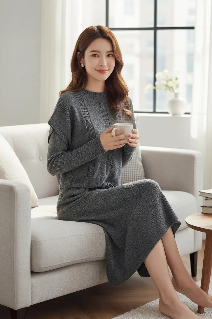Chevron Trim Knit Co-ord — A ribbed knit vest and matching A-line midi skirt, both edged in a monochrome chevron border.